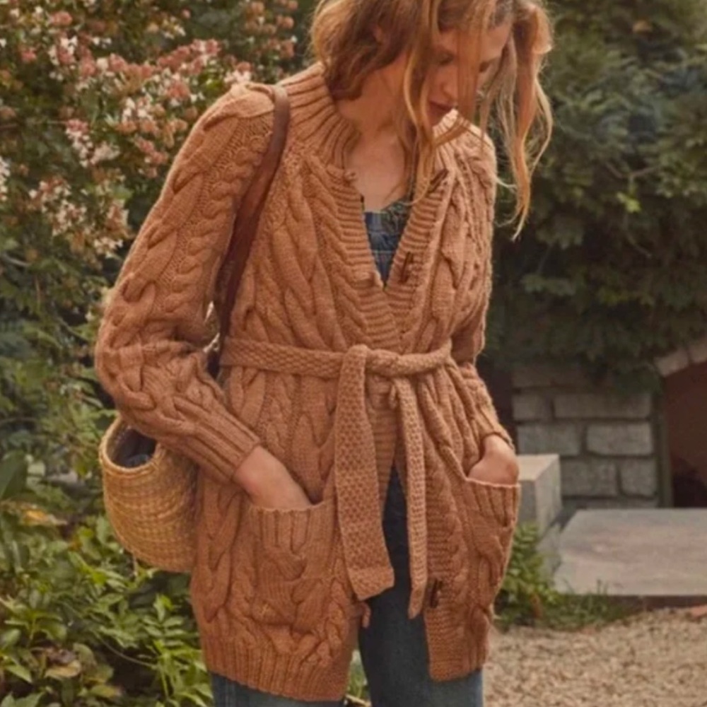 Doen NWT Beech Oversized Baby Alpaca Cable-Knit Cardigan Sweater Camel L